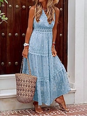 economico Abiti in pizzo bianco-Per donna Abito Lungo Maxi Abito Abito in Pizzo Abito Bianco Abito a trapezio Abito Semplice Essenziale Boho Linea A Spiaggia Vacanza Ferie Vestibilità regolare Senza Maniche Scollo a V Bianco Giallo