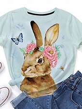 Women's Bunny Rose Crown T-shirt Blue Floral Crew Neck Stretch Casual Everyday Spring Summer Wear Multiple Sizes 11
