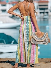 billige Ferie kjoler-kvinners fritidskjole slipkjole floral geometrisk ryggløst trykk stropp lang kjole maxi kjole boho ferie ermeløs sommer