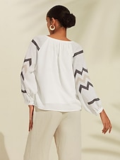 economico camicie, top e camicette-top con scollo a V e maniche a sbuffo geometriche