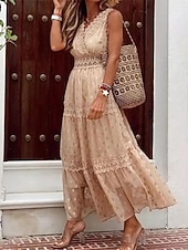 economico Abiti in pizzo bianco-Per donna Abito Lungo Maxi Abito Abito in Pizzo Abito Bianco Abito a trapezio Abito Semplice Essenziale Boho Linea A Spiaggia Vacanza Ferie Vestibilità regolare Senza Maniche Scollo a V Bianco Giallo