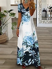 preiswerte Druck Blumen Kleider-Damen Freizeitkleid Blumendruck V-Ausschnitt Langes Kleid Maxikleid Urlaub Kurzarm Sommer