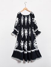 baratos vestido casual estampado-vestido midi com estampa geométrica ombro a ombro