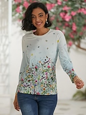 economico T-shirt floreale-Per donna maglietta Bianco Rosso Viola Floreale Farfalla Stampa Manica lunga Informale Giornaliero Essenziale Vintage Rotonda Standard Floreale Astratto Pittura S