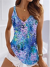 abordables Boutique Graphique Débardeurs &amp; Camis-Débardeur en Côtelé pour Femmes Mode Imprimé Floral Sans Manches Tops Regulier Col en V Décontracté Vacances Bleu Vert Été