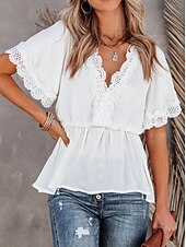 voordelige Elegante topjes-Overhemd Kanten overhemd Blouse Wit kanten overhemd Dames Zwart Wit Effen Kant Soepelvallende tuniek Straat Dagelijks Modieus V-hals Normale pasvorm S