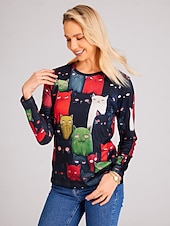 preiswerte Tiere T-Shirt-Damen T-Shirt Langarm Rundhals Langarm Tunika Katzenprint Reguläre Tops Rundhals Alltag Wochenende Schwarz Gelb Orange Frühling  Herbst Pre-Fall