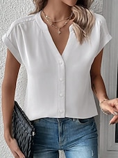 preiswerte Damen Einfache Oberteile-Damenhemd V-Ausschnitt Button-Down Bluse Mode Streetwear Knopf Druck Kurzarm Reguläre Tops Geteilter Hals Lässig Weiß Sommer