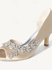 cheap Bridesmaid-Women's Wedding Shoes Bling Bling Sparkling Shoes Bridal Shoes Rhinestone Kitten Heel Peep Toe Elegant Satin Loafer Silver White Ivory