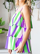 abordables Débardeurs et camisoles femme-Débardeur Femme à Bretelles Débardeur Mode Streetwear Moderne Rayé Volant Imprimé Superposé Sans Manches Tops Réguliers Col V Décontracté Plage Jaune Violet Fuchsia Orange Vert Été