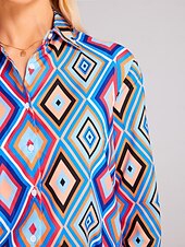economico Top a Righe e Geometrici per Donne-Camicia da donna basic neon e bottoni geometrici stampa maniche lunghe top regolare colletto casual blu marrone verde primavera autunno