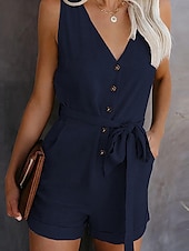 abordables grenouillère-combinaison femme sans manches col en V boutonné devant noué à la taille couleur unie lin style décontracté élégant été printemps tenue une pièce