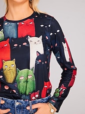 preiswerte Tiere T-Shirt-Damen T-Shirt Langarm Rundhals Langarm Tunika Katzenprint Reguläre Tops Rundhals Alltag Wochenende Schwarz Gelb Orange Frühling  Herbst Pre-Fall