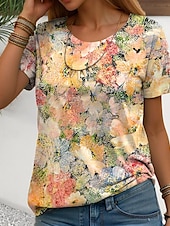 abordables T-shirt floral-t-shirt femme mode imprimé floral manches courtes hauts réguliers col rond quotidien week-end blanc jaune bleu violet été
