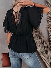 voordelige Elegante topjes-Overhemd Kanten overhemd Blouse Wit kanten overhemd Dames Zwart Wit Effen Kant Soepelvallende tuniek Straat Dagelijks Modieus V-hals Normale pasvorm S