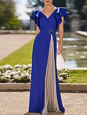 abordables BLEU-Robe de Soirée Fourreau Élégante Robe Formelle Invitée au Mariage Longueur de Sol Manches Courtes Décolleté en V Crêpe Élastique avec Plis Cristaux