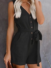 abordables grenouillère-combinaison femme sans manches col en V boutonné devant noué à la taille couleur unie lin style décontracté élégant été printemps tenue une pièce