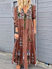 voordelige Boho-jurken-dames boho maxi jurk rood met ethisch bloemenprint v-hals driekwart mouw casual losse pasvorm strandfeest zomer mode kleding kleding