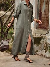 olcso design pamut és len ruhák-Női Keki zöld Sárgabarack Nyár Tavasz Maxi hosszú ruha Pamut vászon ruhák Ingruha hétköznapi ruha Alap Modern Napi Hétvége Laza öltözet Sima Állógallér