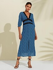 abordables robe décontractée imprimée-Femmes Robe trapèze Robe Fleurie Robe Imprimée Robe Midi Bleu Manches mi-longues Fleurs / Plantes Style Floral Imprimé Longue Printemps &amp; Été Col en V Façade en V Doux Date S M L