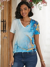 abordables T-shirt Art &amp; Design-t-shirt basique fluo pour femme&amp;amp;hauts à manches courtes à imprimé abstrait lumineux, col en V, quotidien, week-end, jaune, bleu, or, bleu clair