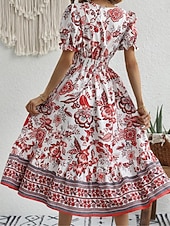 preiswerte Elegante Blumenkleider-Damen Midikleid Casual kleid Schaukelkleid A Linie Kleid Sommerkleid Strassenmode A-Linie Urlaub Strasse Festtage Regular Fit Blumen Kurzarm V Ausschnitt Schwarz Rote Blau Grün Sommer