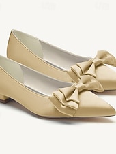 abordables Dama de honor-Mujer Zapatos de boda Bailarinas Fiesta Pajarita Tacón Bajo Dedo Puntiagudo Elegante Satén Negro Blanco Marfil