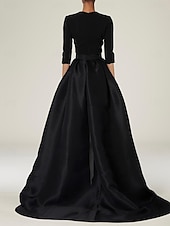 economico Lunghezza del pavimento-Jumpsuit con sovraspettacolo Abito per la madre della sposa Abito elegante semplice nero scollo a V strascico  strascico in tessuto elasticizzato maniche a tre quarti con colore solido dress to