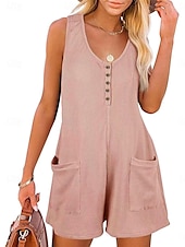 billiga Rompers-Dam Vanligt Jumpsuits Streetwear Ensfärgat Ärmlös V-hals Knappar Ficka Gata Dagligen Normal Svart Rodnande Rosa Vin Sommar