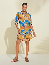 baratos Vestidos de Férias-Vestido curto de cetim com estampa gráfica de mapa costeiro
