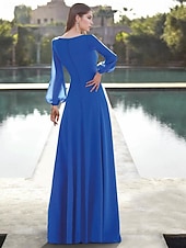 economico BLU-Abiti eleganti da ospiti di matrimoni A-Line abito formale lunghezza al suolo maniche lunghe scollatura a V in chiffon con cristalli spalline 2025