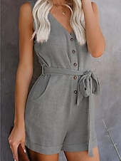 abordables grenouillère-combinaison femme sans manches col en V boutonné devant noué à la taille couleur unie lin style décontracté élégant été printemps tenue une pièce