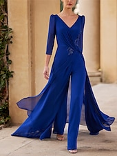 economico Tute della mamma-Jumpsuit  Pantalone Madre della Sposa Ospite di Matrimonio Formale Elegante Collo Dritto V Collo Lunghezza Pavimento Chiffon Maniche 3/4 con Rouching e Ruffle a Cascata taglia personalizzata gratuita