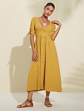cheap Casual Dress-Women&#039;s Linen Blend Yellow Bow Detail Midi Tea Dress