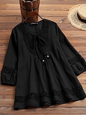 cheap Shirts-Women&#039;s Shirt Lace Shirt Blouse Eyelet top Plain Basic Modern 3/4 Length Sleeve Crew Neck Regular Tops Casual Lace Patchwork Black White Wine Navy Blue Summer Spring