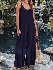 olcso nyaralás jumpsuit-Női Szabályos Jumpsuitek Utcai sikk Tömör szín Ujjatlan V-alakú Nyitott hátú Utca Napi Normál Fekete Fehér Bor Nyár
