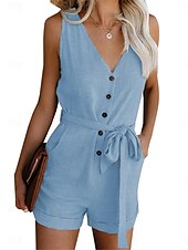 abordables grenouillère-combinaison femme sans manches col en V boutonné devant noué à la taille couleur unie lin style décontracté élégant été printemps tenue une pièce
