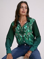 economico Top d&#039;Arte e Design per Donne-Camicia Donna Basic Giornaliera Stampa Bottoni Maniche Lunghe Top Regolari Collo Camicia Casual Blu Verde Autunno  Inverno