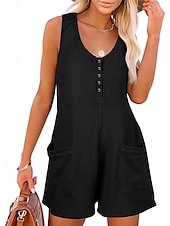 billiga Rompers-Dam Vanligt Jumpsuits Streetwear Ensfärgat Ärmlös V-hals Knappar Ficka Gata Dagligen Normal Svart Rodnande Rosa Vin Sommar
