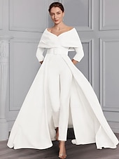 voordelige Mama&amp;#39;s jumpsuits-Twee-delige Jumpsuit Moeder van de Bruid Formele Bruiloft Gast Elegante Feest Scoop Hals Off Schouder Enkele Lengte Rekbare Stof 3/4 Lange Mouw met Ceintuur  Riem 2025