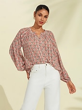 economico Bluse e camicie-camicetta casual con maniche a sbuffo geometriche