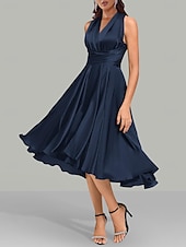 abordables Robes pour invitées de mariage-Robe de mariée invitée A-Line élégante robe formelle longueur thé d&#039;été sans manches bretelle unique satin avec fronces 2025