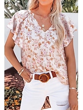 abordables Hauts Unis pour Femmes-chemisier femme mode imprimé floral à volants sans manches hauts réguliers col en V décontracté vacances noir blanc jaune rouge bleu été