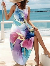 ieftine Rochii florale-Pentru femei Rochie Maxi Rochie neagra Rochie Maxi Rochie de Vară Rochie de vară Romantic Casual Vacanță Petrecere Casual Potrivire Largă Floral Fără manșon Stil Nautic Negru Alb Curcubeu Vară