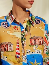 baratos Vestidos de Férias-Vestido curto de cetim com estampa gráfica de mapa costeiro