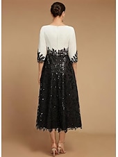 baratos Comprimento do chão-A-Line Vestido para a Mãe da Noiva Convidada de Casamento Elegante Vintage Decote Joia Comprimento Chá Renda Manga Curta com Bloco de Cores de Renda 2025 tamanho personalizado grátis