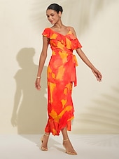abordables Robe de cocktail-Robe mi-longue à basque pour femmes, tenue d&#039;invité de mariage, violet, orange, manches courtes, volants fleuris, cravate sur le devant, printemps &amp;amp; été asymétrique romantique s m l