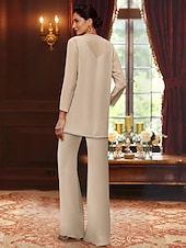 abordables Costumes-pantalons pour maman-Jumpsuit de mariage plage  costume 3 pièces mère de la mariée invitée de mariage formelle élégante luxueuse décolleté en V longueur sol chiffon dentelle sans manches wrap inclus avec perles paillettes