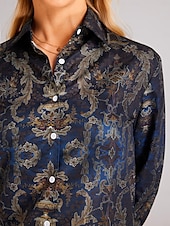 billige Kvinne Boho Topper-Dame Skjorte Mote Knapper Print Langermet Vanlige Topper Skjorte Krage Casual Blå Vår  Høst