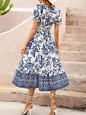 preiswerte Elegante Blumenkleider-Damen Midikleid Casual kleid Schaukelkleid A Linie Kleid Sommerkleid Strassenmode A-Linie Urlaub Strasse Festtage Regular Fit Blumen Kurzarm V Ausschnitt Schwarz Rote Blau Grün Sommer